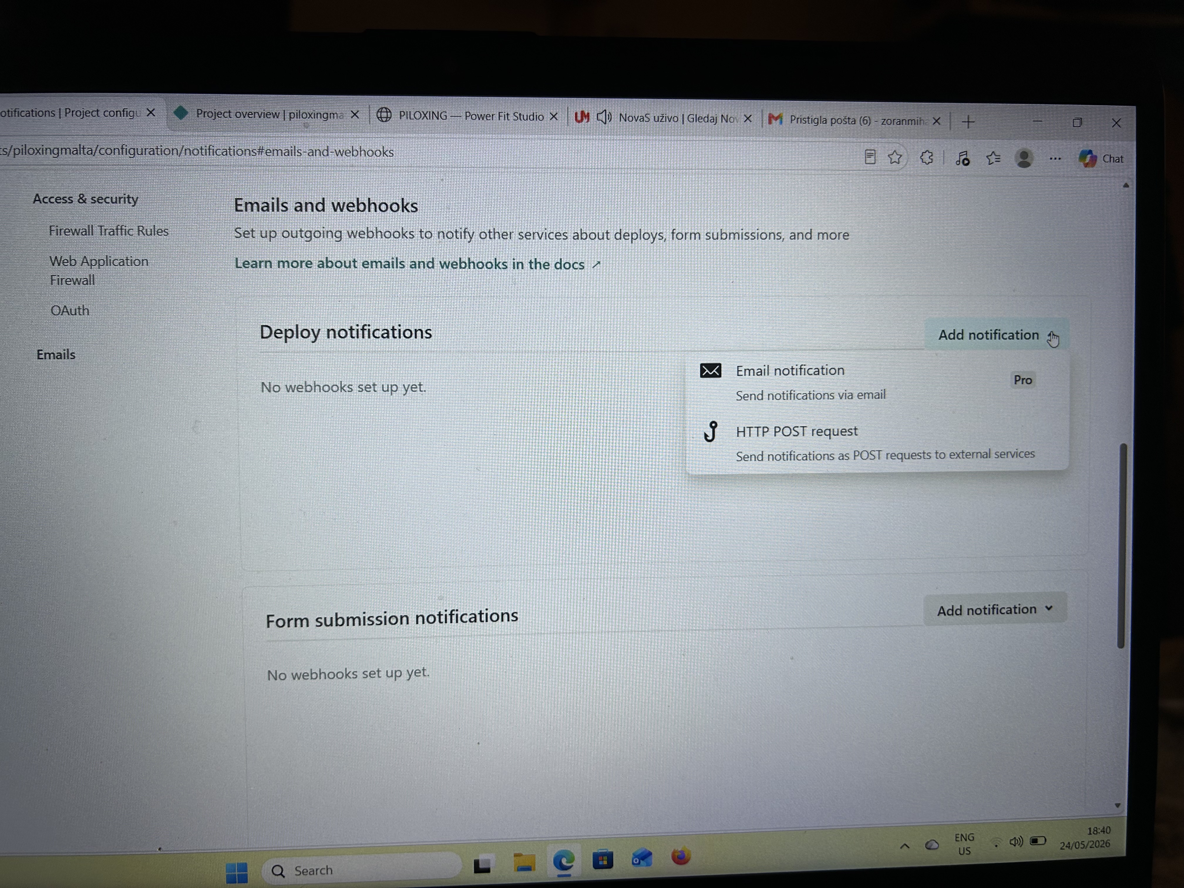Netlify Emails and webhooks page showing Deploy notifications and Form submission notifications sections